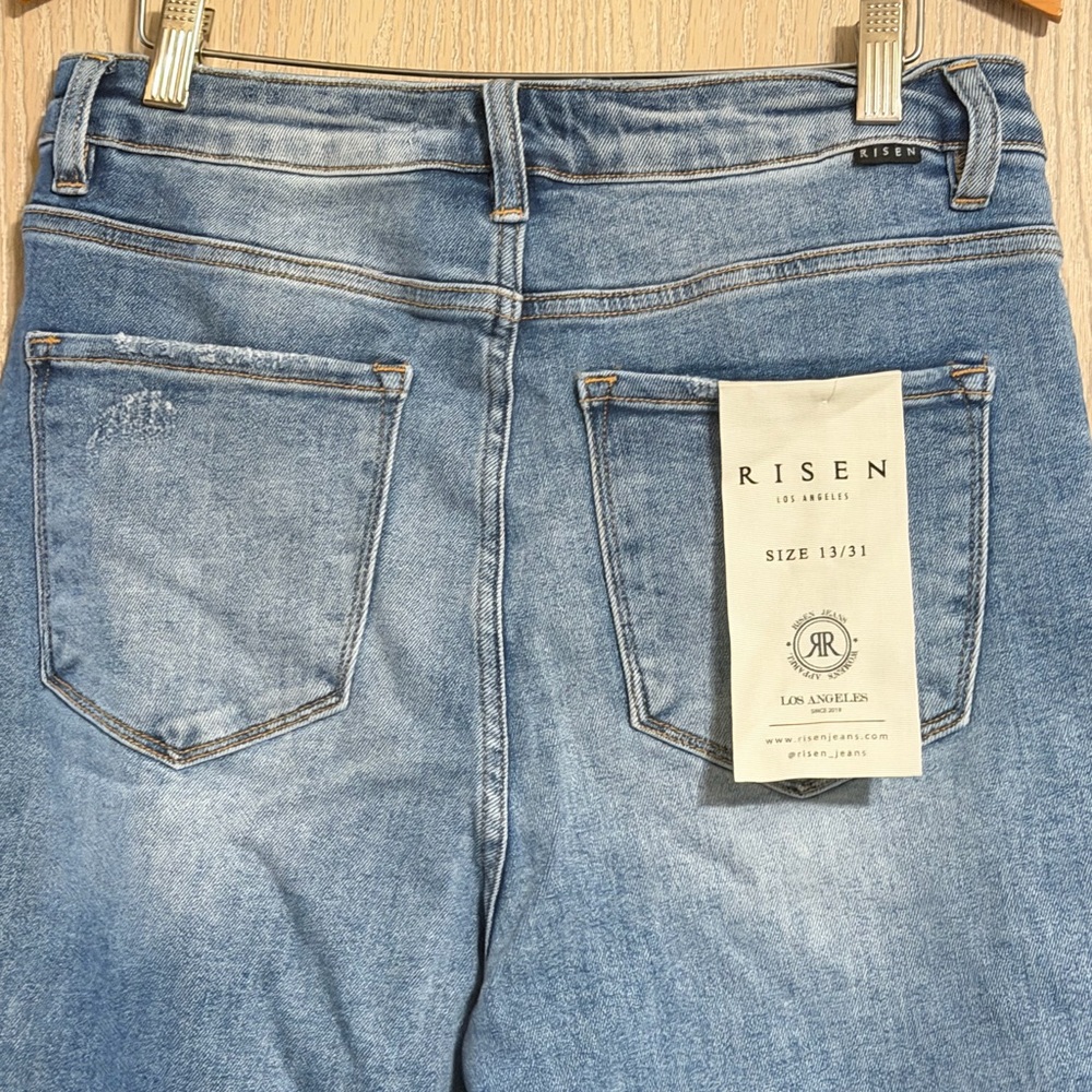 Risen Tessa Blue Distressed HIGH RISE CROP WIDE SIDE SLIT WITH FRAY HEM JEANS - Picture 8 of 10